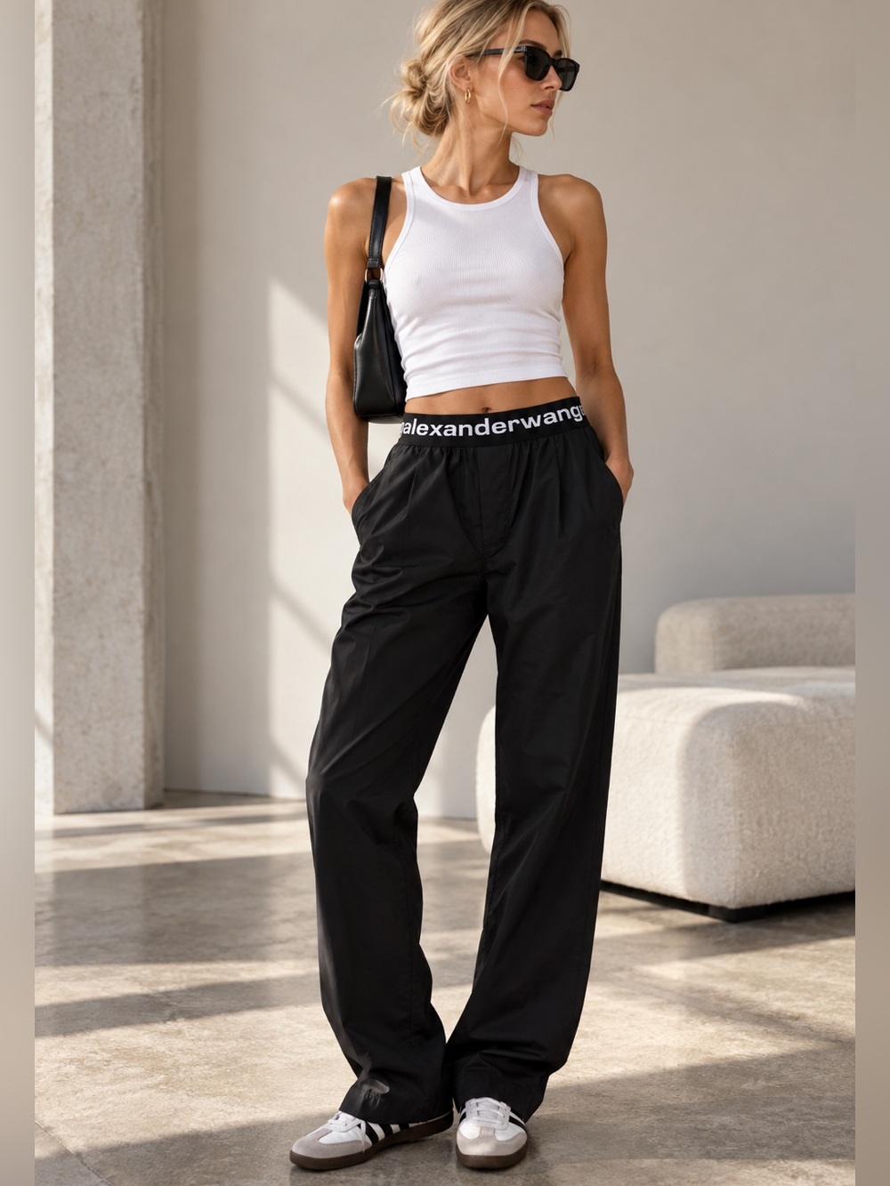 Alexander Wang T Logo Waistband Black Straight Leg Track Pants Size S